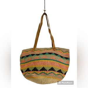 Vintage 90s Sisal Market Tote Bag with Leather Straps in  Desert Tones